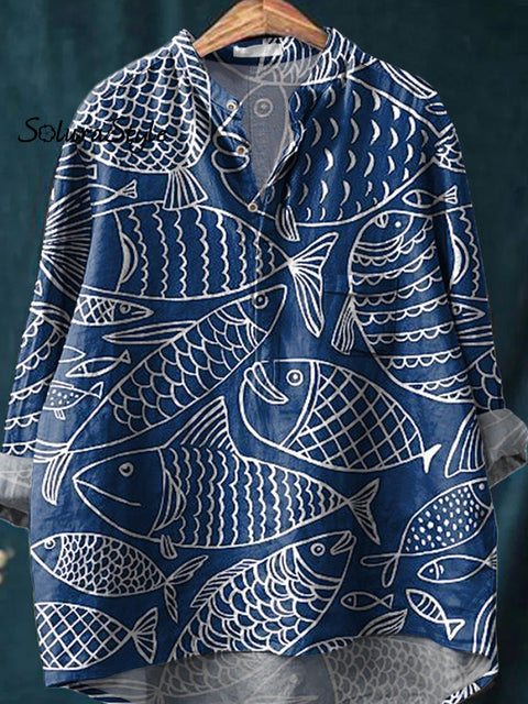 Lovely Fish Pattern Printed Women’s Casual Long Sleeve Comfortable Cotton Shirt