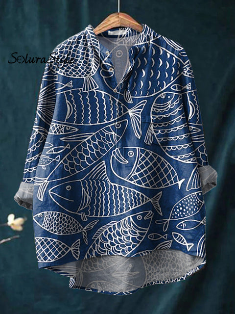 Lovely Fish Pattern Printed Women’s Casual Long Sleeve Comfortable Cotton Shirt Multicolor / S