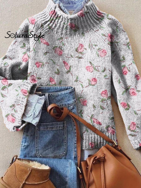 Lovely Floral Art Print Knit Turtleneck Pullover Sweater Multicolor / S