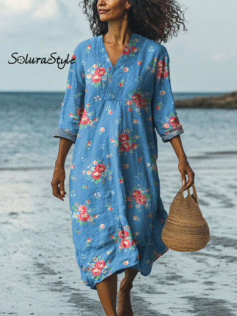 Lovely French Rose Pattern Printed Women’s Dress Multicolor / S