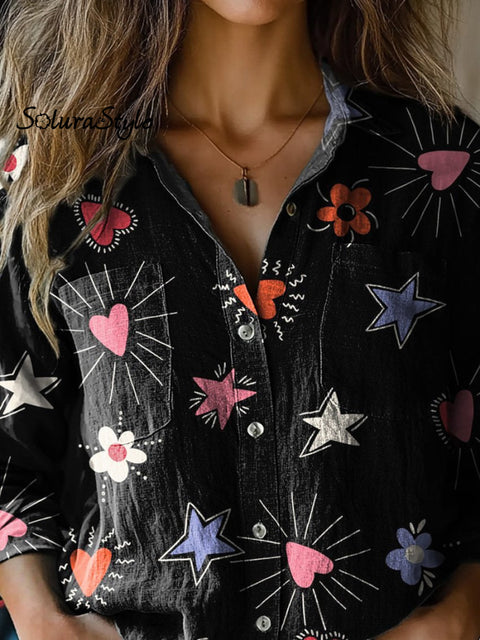Lovely Heart And Floral Pattern Printed Women’s Casual Long Sleeve Comfortable Cotton Shirt