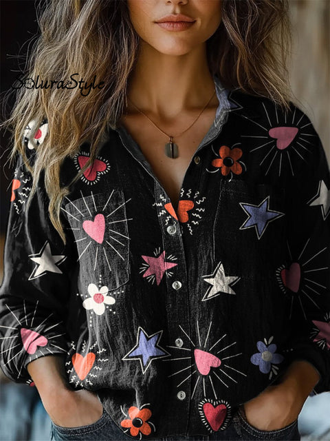 Lovely Heart And Floral Pattern Printed Women’s Casual Long Sleeve Comfortable Cotton Shirt