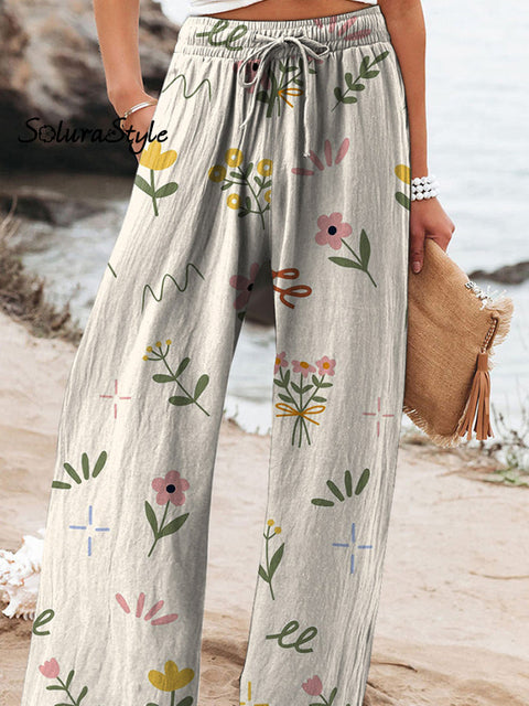 Lovely Spring Floral Pattern Printed Women’s Cotton And Linen Casual Pants