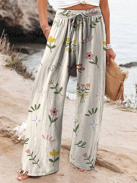 Lovely Spring Floral Pattern Printed Women’s Cotton And Linen Casual Pants Multicolor / S