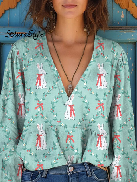 Lovely Spring Rabbit Repeat Pattern Printed Women’s Casual Long Sleeve Comfortable Cotton Shirt