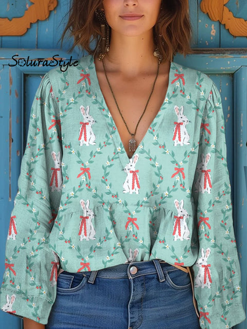 Lovely Spring Rabbit Repeat Pattern Printed Women’s Casual Long Sleeve Comfortable Cotton Shirt
