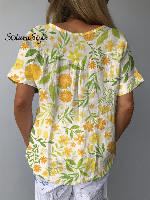 Lovely Summer Floral Pattern Printed Women’s Casual Cotton And Linen Shirt