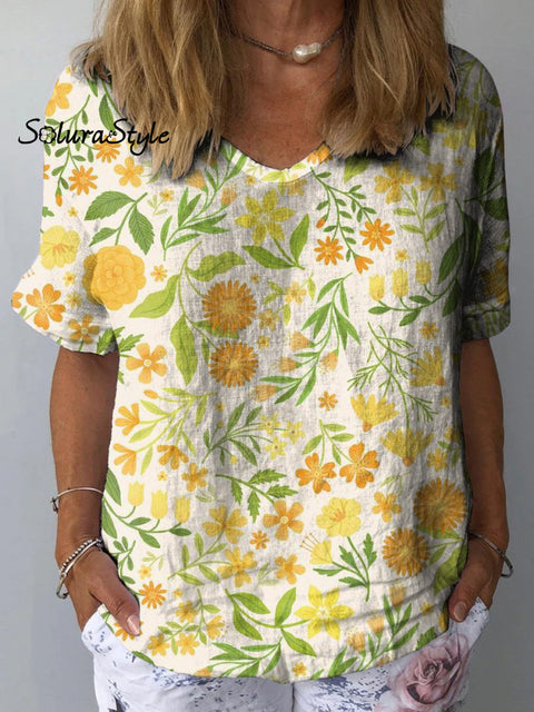 Lovely Summer Floral Pattern Printed Women’s Casual Cotton And Linen Shirt Multicolor / S