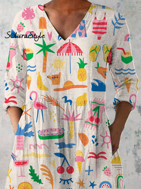 Lovely Summer Vacation Pattern Printed Women’s Casual Linen V-Neck Shirt
