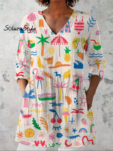 Lovely Summer Vacation Pattern Printed Women’s Casual Linen V-Neck Shirt Multicolor / S