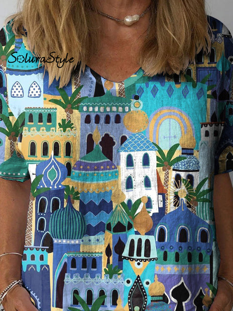 Middle East Architecture Pattern Printed Women’s Casual Cotton And Linen Shirt