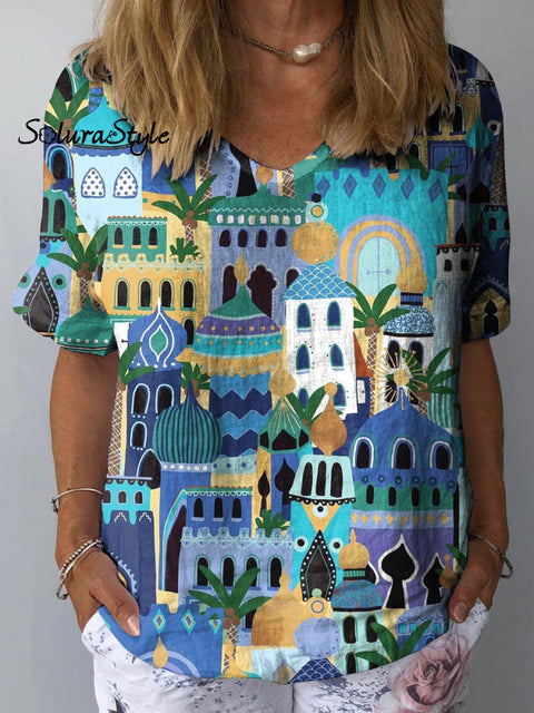 Middle East Architecture Pattern Printed Women’s Casual Cotton And Linen Shirt Multicolor / S