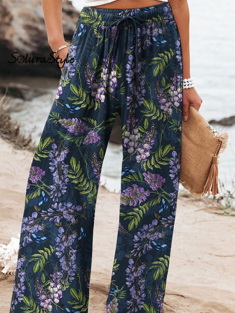 Midnight Lavender Pattern Printed Women’s Cotton And Linen Casual Pants