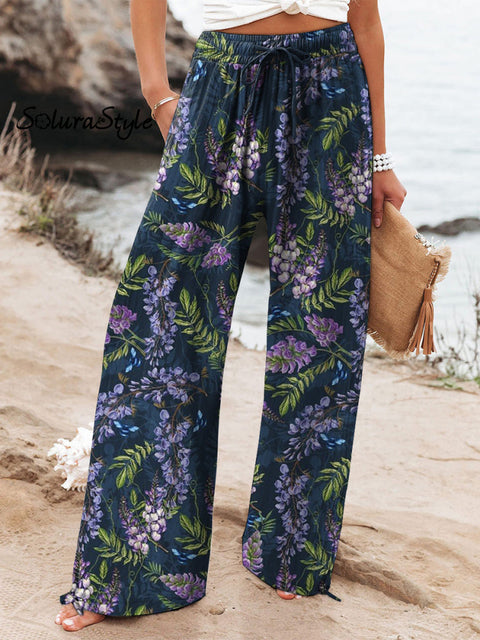Midnight Lavender Pattern Printed Women’s Cotton And Linen Casual Pants Multicolor / S