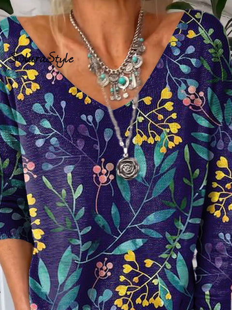 Midnight Meadows Floral Pattern Printed V-Neck Pullover Knit Top