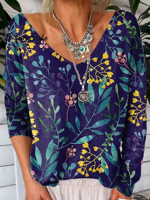 Midnight Meadows Floral Pattern Printed V-Neck Pullover Knit Top Multicolor / S