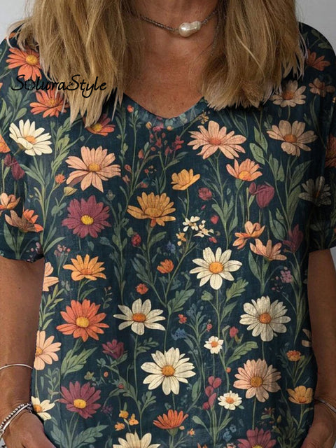 Midnight Meadows Floral Pattern Printed Women’s Casual Cotton And Linen Shirt