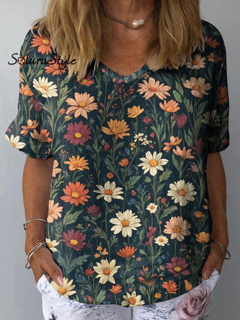 Midnight Meadows Floral Pattern Printed Women’s Casual Cotton And Linen Shirt Multicolor / S