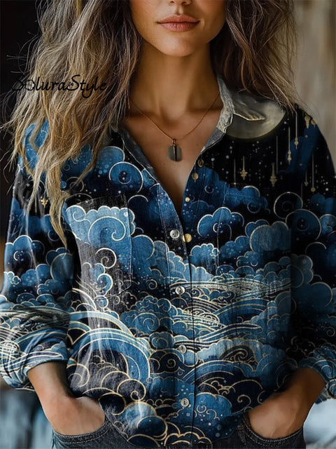 Midnight Shooting Star Art Printed Women’s Casual Long Sleeve Comfortable Cotton Shirt Multicolor