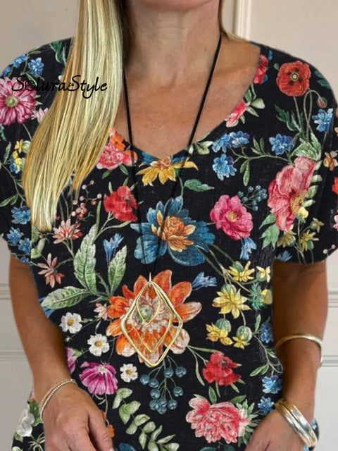 Midnight Summer Floral Pattern Printed Women’s Casual Cotton And Linen Shirt