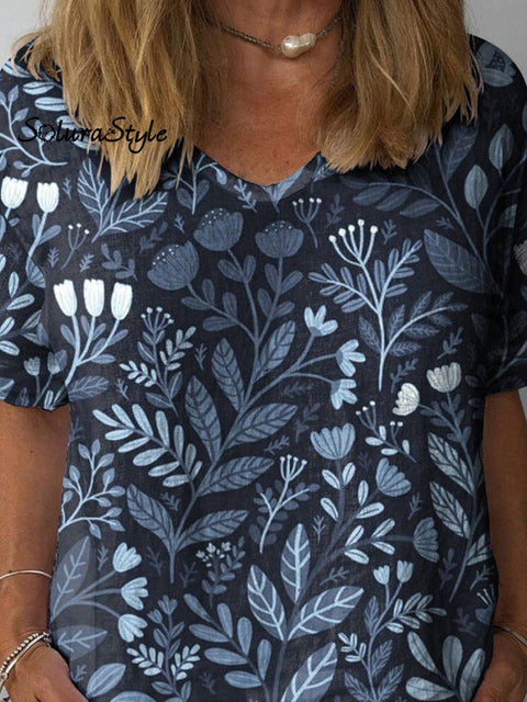 Midnight Summer Garden Pattern Printed Women’s Casual Cotton And Linen Shirt