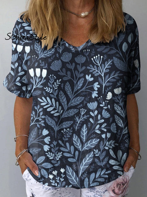 Midnight Summer Garden Pattern Printed Women’s Casual Cotton And Linen Shirt Multicolor / S