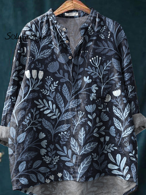 Midnight Summer Garden Pattern Printed Women’s Casual Long Sleeve Comfortable Cotton Shirt