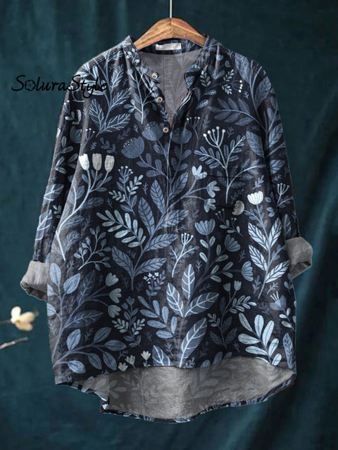 Midnight Summer Garden Pattern Printed Women’s Casual Long Sleeve Comfortable Cotton Shirt