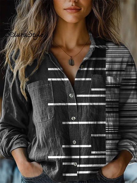 Minimalist Geometric Pattern Printed Women’s Casual Long Sleeve Comfortable Cotton Shirt