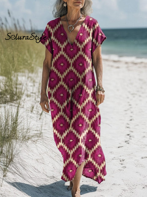 Minimalist Geometric Pattern Printed Women’s Pocket Cotton Dress Multicolor / S