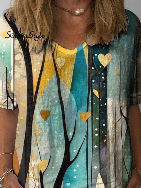 Minimalist Heart And Woodland Art Printed Women’s Casual Cotton Linen Shirt