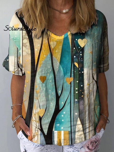 Minimalist Heart And Woodland Art Printed Women’s Casual Cotton Linen Shirt Multicolor / S