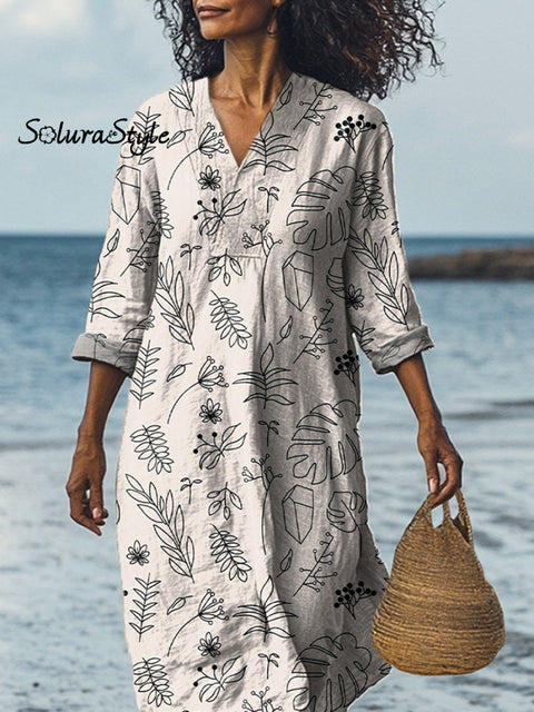 Minimalist Line Drawing Floral Pattern Printed Women’s Dress