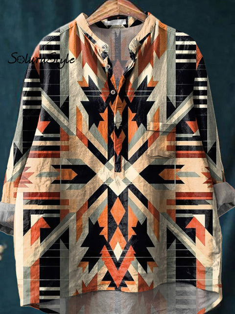 Modern Geometric Pattern Printed Women’s Casual Long Sleeve Comfortable Cotton Shirt