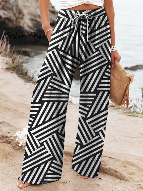 Modern Geometric Pattern Printed Women’s Cotton And Linen Casual Pants Blackwhite / S