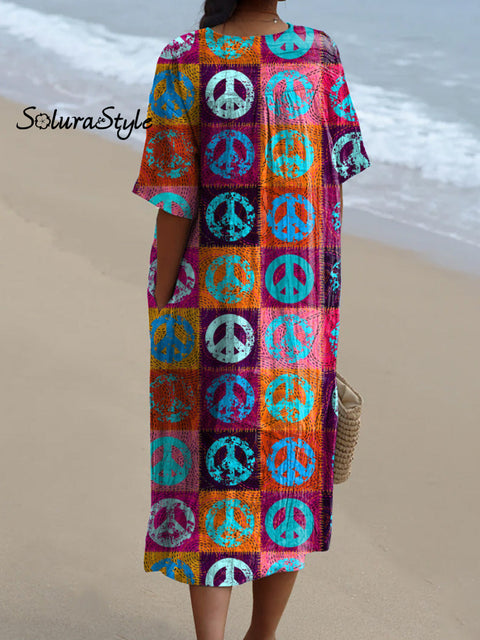Multicolor Hippie Peace Sign Pattern Printed Women’s Flowy Dress