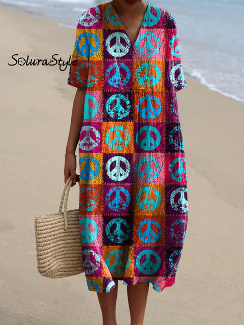 Multicolor Hippie Peace Sign Pattern Printed Women’s Flowy Dress / S