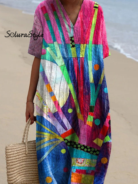 Multicolor Quilt Tree Art Printed Women’s Flowy Dress