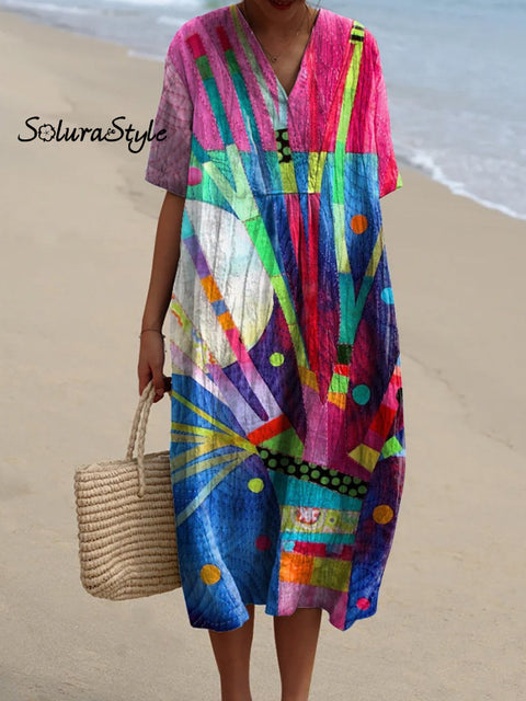 Multicolor Quilt Tree Art Printed Women’s Flowy Dress / S