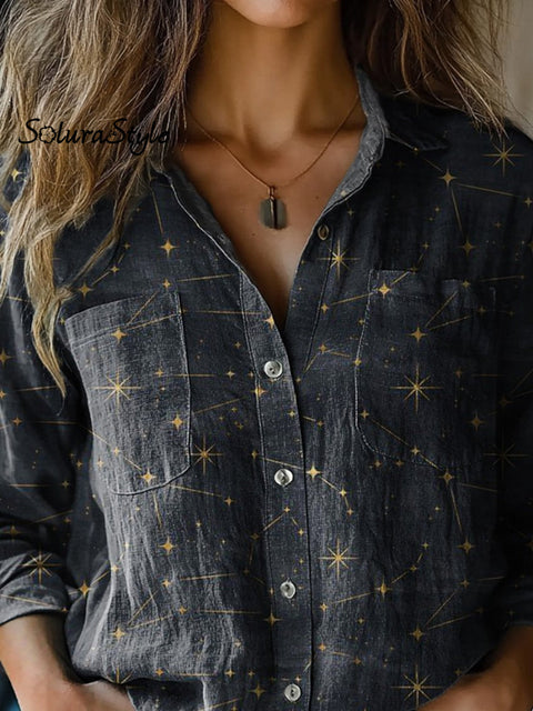 Night Sky And Star Pattern Printed Women’s Casual Long Sleeve Comfortable Cotton Shirt