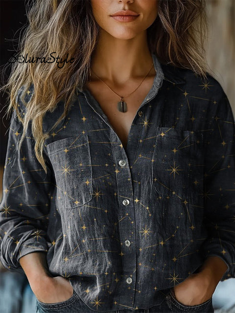 Night Sky And Star Pattern Printed Women’s Casual Long Sleeve Comfortable Cotton Shirt Multicolor