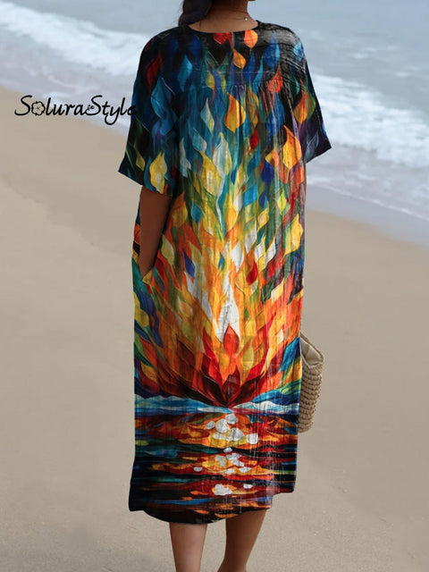 Oil Painting Bonfire Art Pattern Printed Women’s Flowy Dress