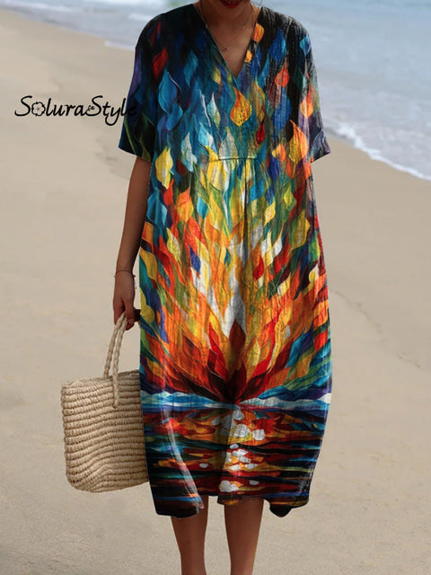Oil Painting Bonfire Art Pattern Printed Women’s Flowy Dress Multicolor / S