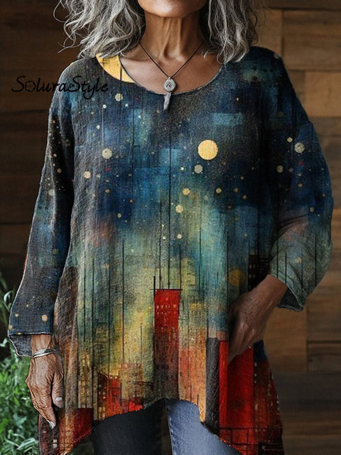 Oil Painting Night City Art Printed Women’s Pocket Cotton Top