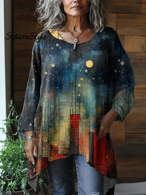 Oil Painting Night City Art Printed Women’s Pocket Cotton Top Multicolor / Onesize