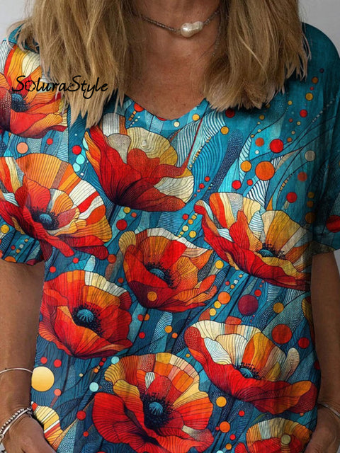 Oil Painting Poppy Floral Art Printed Women’s Casual Cotton And Linen Shirt