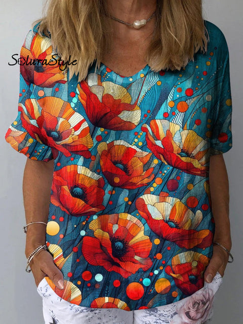 Oil Painting Poppy Floral Art Printed Women’s Casual Cotton And Linen Shirt Multicolor / S