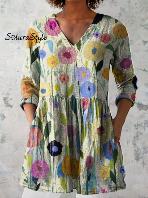 Oil Painting Spring Field Art Printed Women’s Casual Linen V-Neck Shirt Multicolor / S