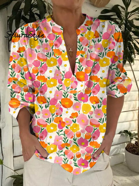 Oil Painting Summer Floral Pattern Printed Women’s Casual Short Sleeve Comfortable Cotton Shirt Multicolor / S
