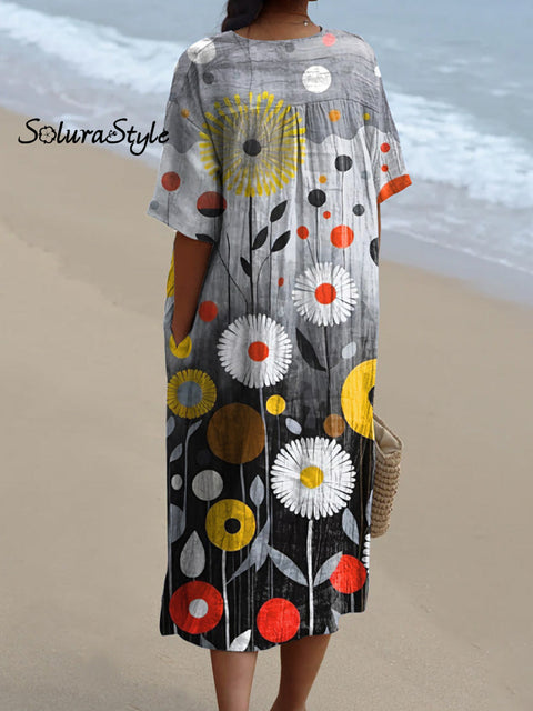 Oil Painting Summer Wild Floral Art Pattern Printed Women’s Flowy Dress